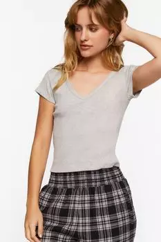 Рубчатая футболка с V-образным вырезом Forever 21, серый