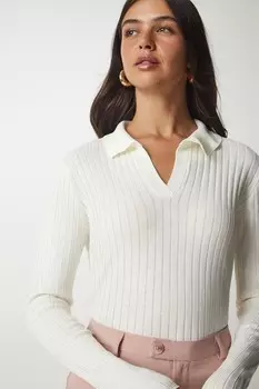 Рубчатый свитер с острым воротником Happiness Istanbul, белый