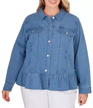 Руби Роуд. Джинсовая куртка больших размеров из эластичного денима с передним карманом и оборками и баской по краю Джинсовая куртка Ruby Rd., синий