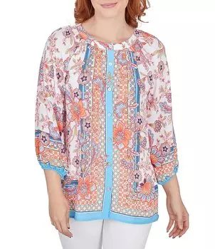 Руби Роуд. Миниатюрный размер Тканый пояс с цветочным принтом и каймой Круглый вырез Рукав 3/4 Топ на пуговицах спереди Ruby Rd., синий