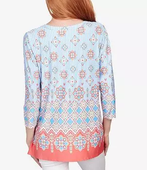 Руби Роуд. Миниатюрный размер Топ в полоску с мозаикой и бордюром с отделкой в виде лестницы с V-образным вырезом и рукавами 3/4 Ruby Rd., синий