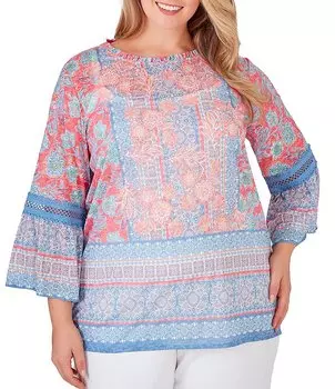 Руби Роуд. Плюс размер Цветочный принт с каймой Вязаный топ с рюшами и круглым вырезом Рукав 3/4 с воланами Ruby Rd., мультиколор