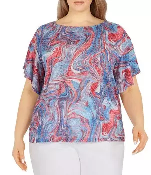 Руби Роуд. Плюс размер Мраморный принт Круглый вырез Короткий топ с развевающимися рукавами «летучая мышь» Ruby Rd., мультиколор