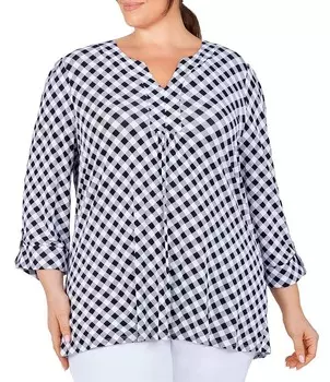 Руби Роуд. Плюс размер Вязаный рукав 3/4 с хлястиком в клетку С принтом Складка Круглый вырез с разрезом Топ Ruby Rd., мультиколор