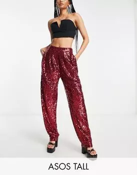 Рубиновые брюки с напуском с пайетками ASOS DESIGN Tall
