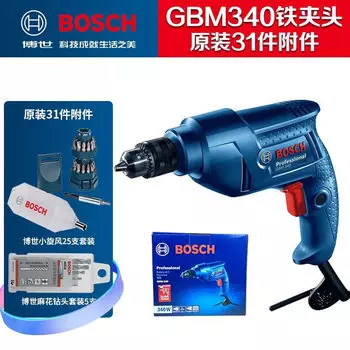 Дрель электрическая Bosch GBM340 + набор насадок, 31 предмет