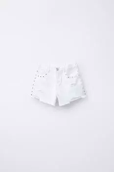 Рваные джинсовые шорты-бермуды с шипами ZARA, белый