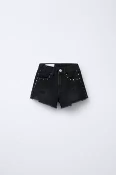 Рваные джинсовые шорты-бермуды с шипами ZARA, черный