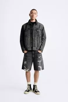 Рваные джинсовые шорты-бермуды ZARA, черный