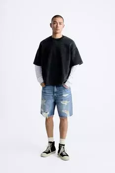 Рваные джинсовые шорты-бермуды ZARA, средне-синий