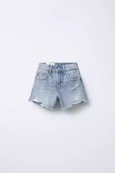 Рваные джинсовые шорты-бермуды ZARA, светло-синий