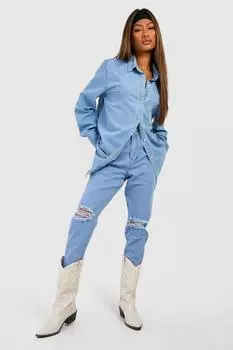 Рваные джинсы basics с высокой посадкой mom Boohoo, синий