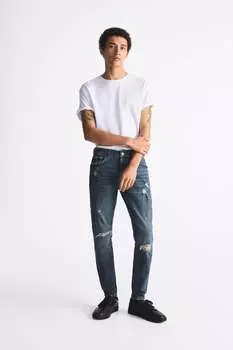 Рваные джинсы с нашивками ZARA, пыльно-синий