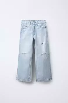Рваные джинсы с широкими штанинами ZARA, светло-синий
