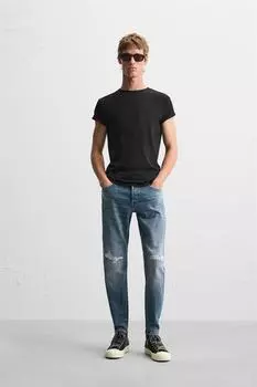 Рваные джинсы в обтяжку ZARA, средне-синий