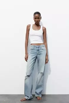 Рваные широкие джинсы trf со средней посадкой ZARA, светло-голубой