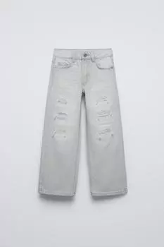 Рваные широкие джинсы ZARA, серый
