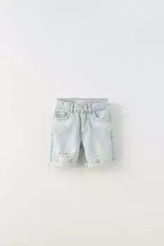 Рваные шорты из денима Zara, средне-синий