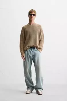 Рваный свитер после кислотной стирки ZARA, кэмел