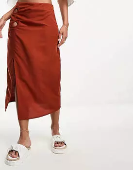 Ржавая юбка миди с эффектом потертого льна и кольцом