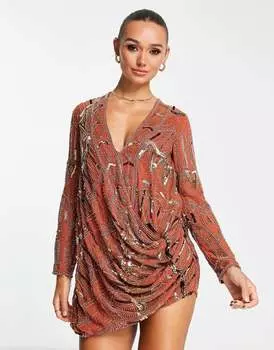 Ржаво-красное свободное платье мини с драпировкой и декором ASOS DESIGN