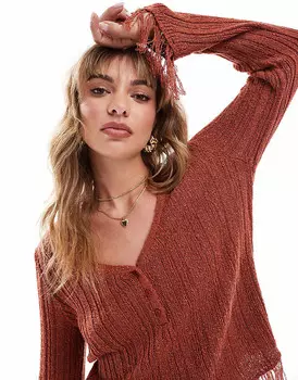 Ржаво-красный свитер с бахромой и планкой на пуговицах ASOS DESIGN