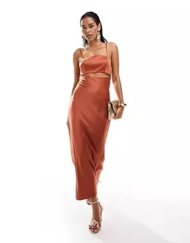 Ржавое атласное платье миди с косыми вырезами ASOS DESIGN