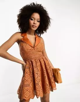 Ржавое кружевное платье мини с открытой спиной и воротником ASOS