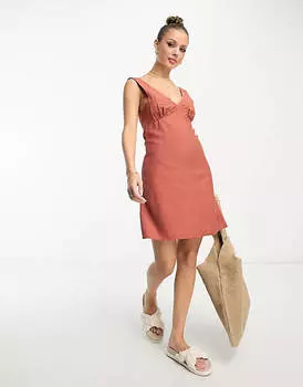 Ржавое льняное платье мини с v-образным вырезом ASOS DESIGN