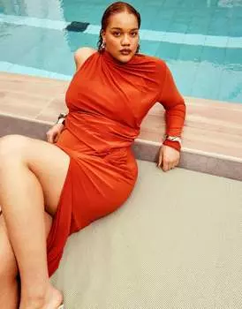 Ржавое платье макси на одно плечо с вырезом спереди ASOS DESIGN Curve
