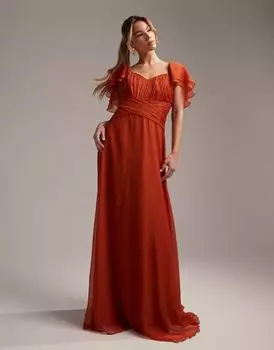 Ржавое платье макси со сборками и короткими рукавами ASOS Bridesmaid