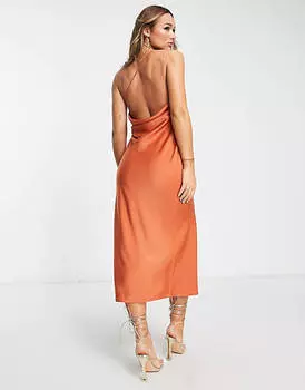 Ржавое платье миди асимметричного кроя с разрезом спереди ASOS DESIGN