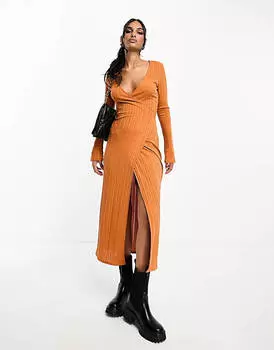 Ржавое платье миди с длинными рукавами и завязками ASOS DESIGN