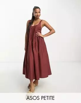Ржавое платье миди со сборками и квадратным вырезом ASOS DESIGN Petite