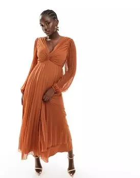 Ржавое платье миди со складками и глубоким вырезом ASOS DESIGN