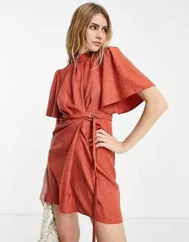 Ржавое платье мини с высоким вырезом и поясом из льняной драпировки ASOS DESIGN