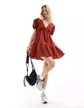 Ржавое приталенное платье из потертого поплина с v-образным вырезом Threadbare