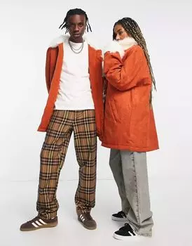 Ржавое вельветовое пальто унисекс с отделкой искусственным мехом Reclaimed Vintage