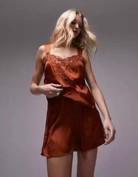 Ржавый комплект из кружевной майки и короткой пижамы Topshop