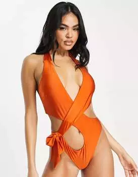 Ржавый купальник с завязками и вырезом по бокам ASOS