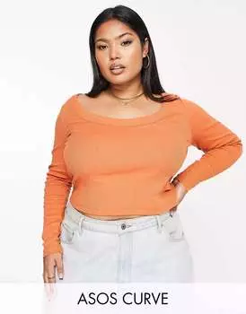 Ржавый топ в рубчик с длинными рукавами и овальным вырезом ASOS DESIGN Curve