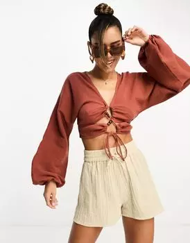 Ржавый жатый топ с длинными рукавами и решетчатой шнуровкой ASOS DESIGN