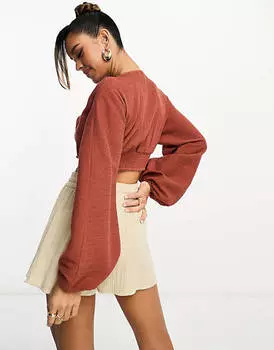 Ржавый жатый топ с длинными рукавами и решетчатой шнуровкой ASOS DESIGN