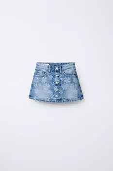 С цветочным принтом джинсовая юбка бермудские острова ZARA, синий