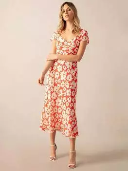 С рисунком ромашки с вырезом миди платье Ro&Zo, красный