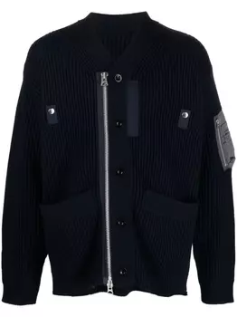 sacai кардиган в рубчик с застежкой на молнии, синий