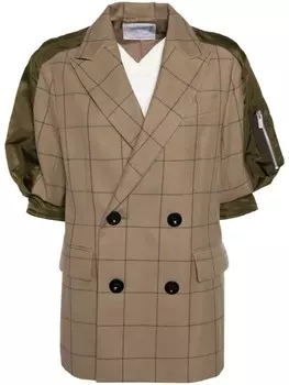 Sacai клетчатый пиджак со вставками, коричневый
