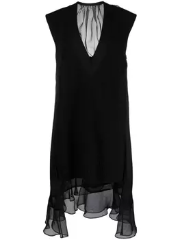 sacai платье миди с прозрачной вставкой, черный