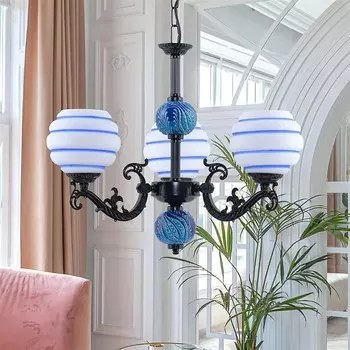 Safir Light Zamak Детализированная люстра из 3 частей с синей полосатой плиткой - черный