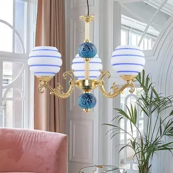 Safir Light Zamak Детализированная люстра из 3 частей с синей полосатой плиткой - золото